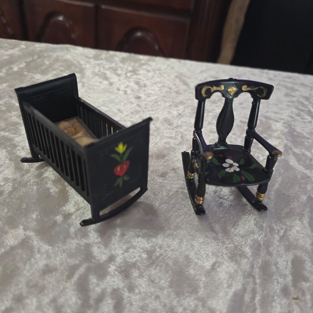 Vintage Dollhouse bassinet and Rocking chair set (Wooden)